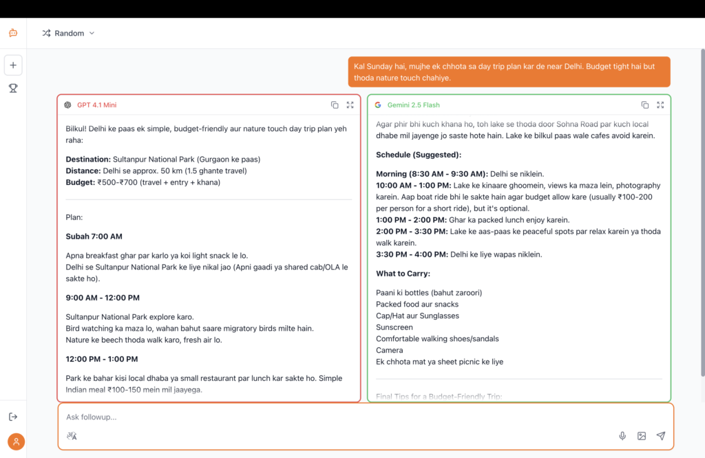 Comparison between two AI trip-planning responses for a budget-friendly Delhi day trip